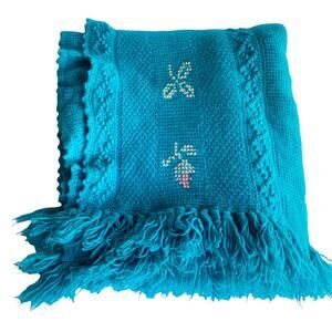 Vintage Knit Cross Stitch Floral Blue Fringe Hem Throw Blanket